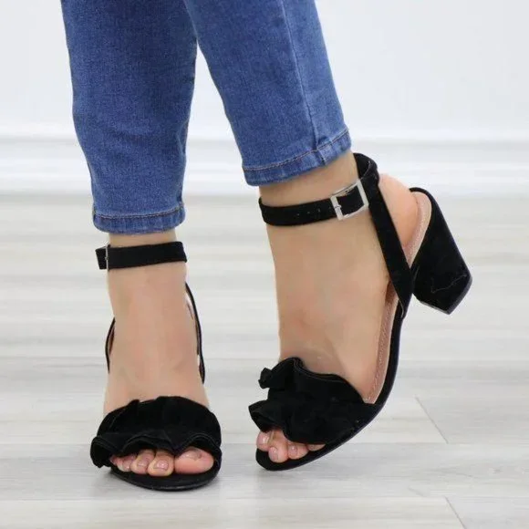 Suede Black Chunky Heel Open Ruffle Toe Sandal - Picture 7 of 10
